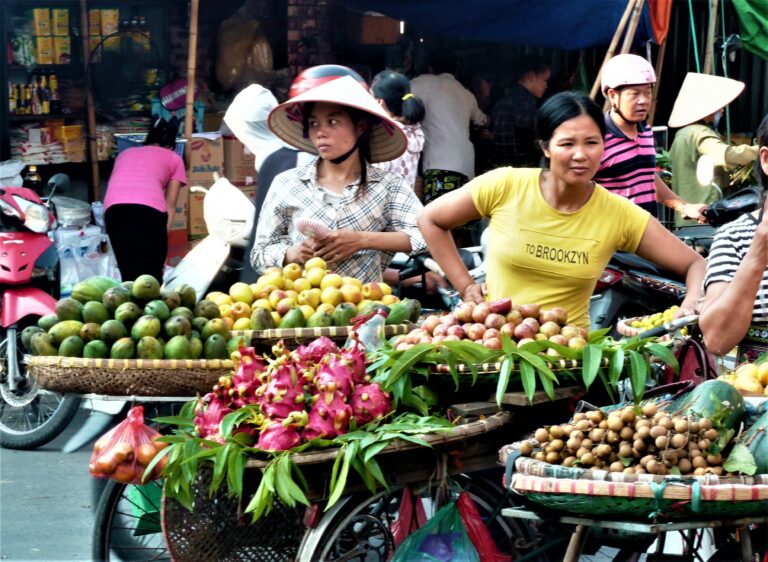 Minh Thành, Quảng Yên, Quảng Ninh, Vietnam beauty of Vietnamese market, eggplant, vegetables fruit, mango, passion fruit