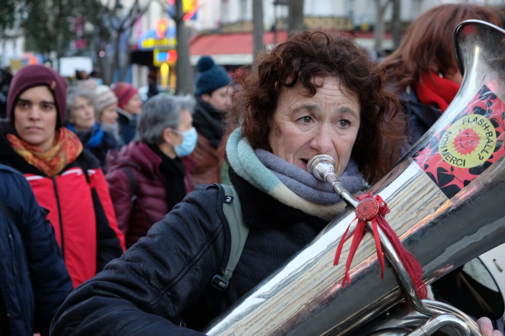 demonstration, tuba, music, lady