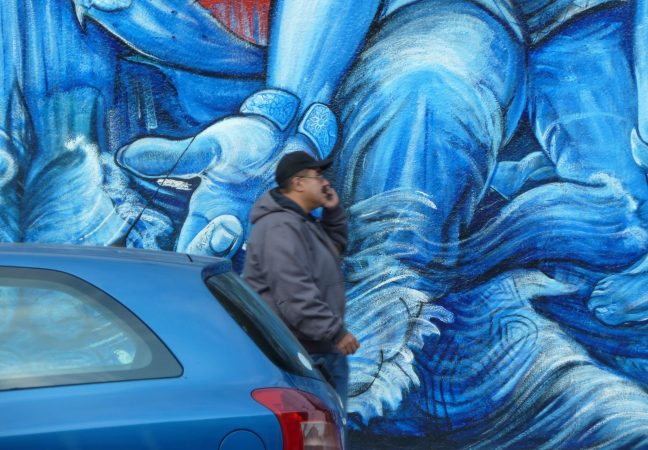 Streetart and spectator City of San Francisco flashing blue