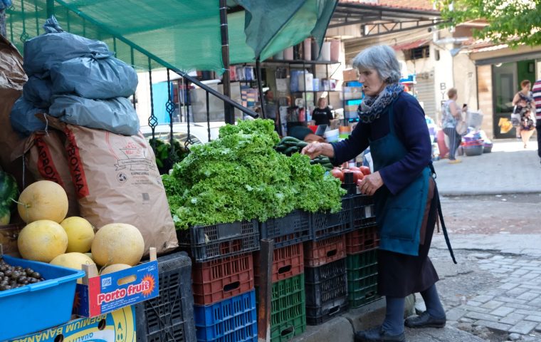 At the daily market, Korçë, Albania, green salad melons olives