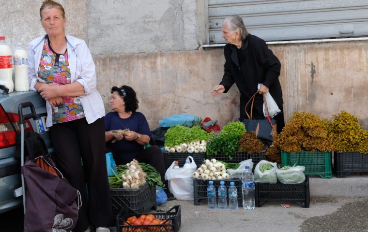 At the daily market, Korçë, Albania, salad vegetables eggs and fruits