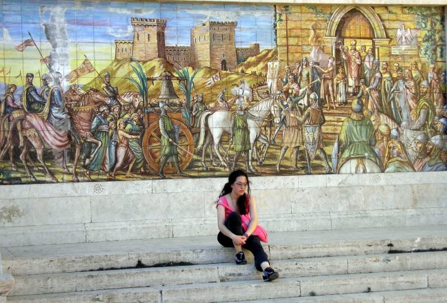 Europe, Italy, Sicily, Catania; Caltagirone - majolic mural at top staircase of Santa Maria del Monte, church polychrome earthenware panel